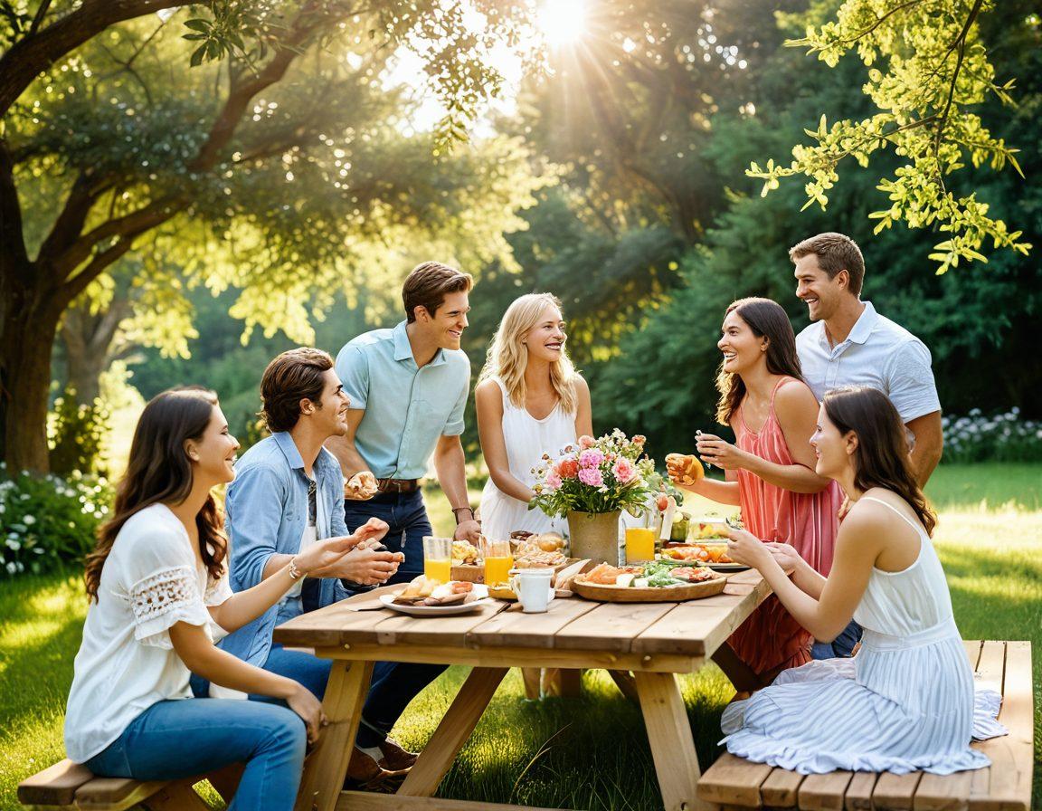 A warm, sunlit outdoor scene showcasing a diverse group of friends joyfully gathered around a long picnic table filled with vibrant food, laughter, and games. Include elements of nature like blooming flowers and trees in the background, emphasizing connection and celebration. Capture smiles, gestures of friendship, and moments of joy. Use soft, glowing light for a cheerful mood. vibrant colors. super-realistic.