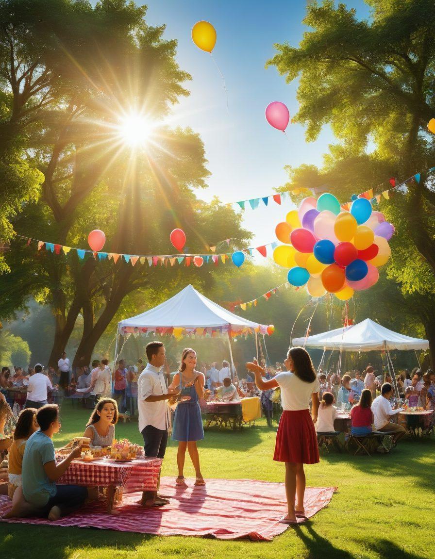 A vibrant community celebration scene featuring diverse people joyfully dancing together in a park adorned with colorful decorations, balloons, and banners. Include children playing games, families sharing food, and live musicians performing, all radiating happiness and unity. The backdrop should be lush greenery with a bright blue sky. super-realistic. vibrant colors.