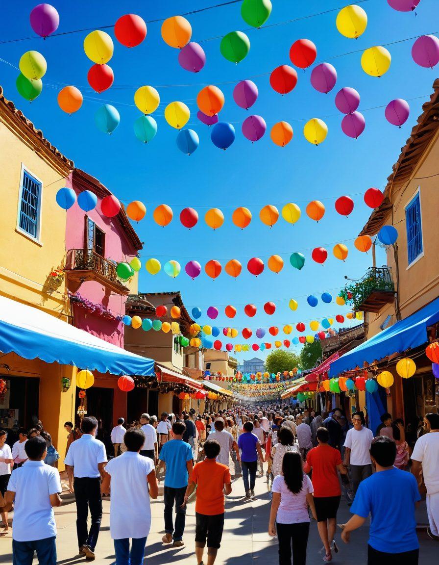 A vibrant scene of a diverse community gathering, featuring people of all ages and backgrounds engaging in joyful activities like dancing, sharing food, and laughing together. Colorful decorations such as lanterns and banners fill the background, with children playing games under a sunny sky. The atmosphere is festive with balloons, flowers, and smiles all around, encapsulating the essence of togetherness and celebration. painting. vibrant colors. cheerful mood.